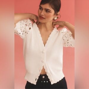 NWOT Anthropologie White Scallop Sleeve Sweater